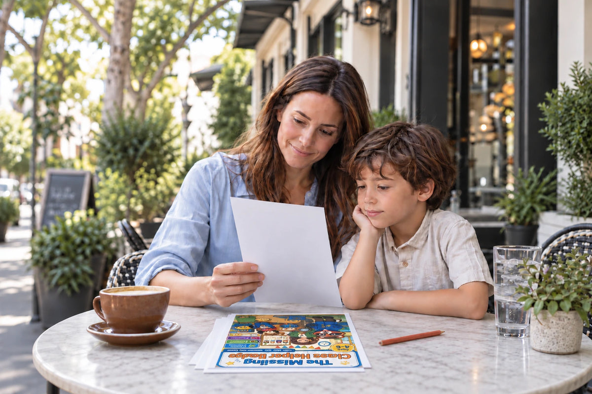 Mother and child reading a blank-backed A4 page at a cafe, with printed Detective Milo cover and story pages on the table