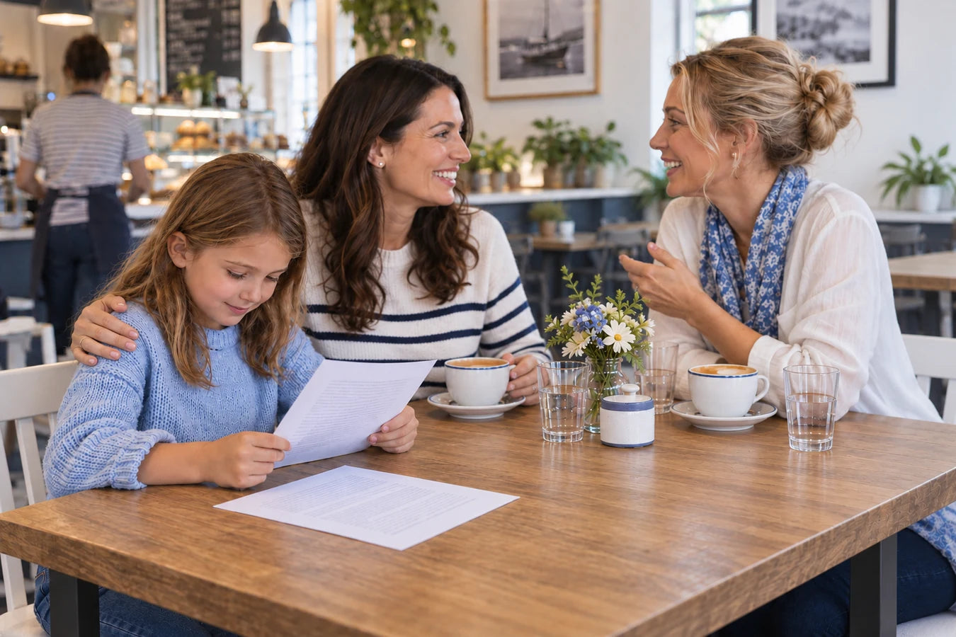 A child focused on loose printed story pages at a café while nearby adults chat with friends.