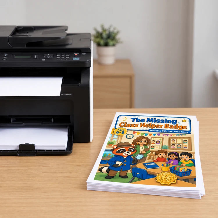 Printed Detective Milo case pages beside a home printer