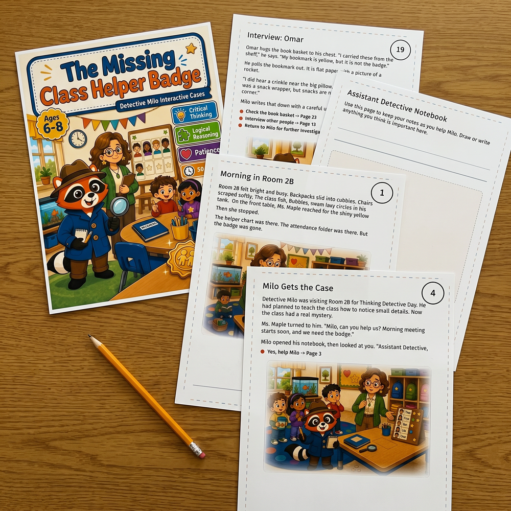 Detective Milo printed cover, story pages and detective notebook arranged on a wooden table
