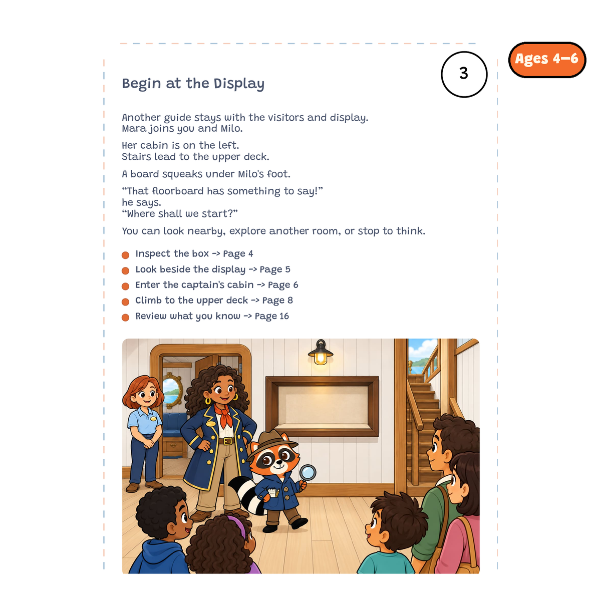 Begin at the Display — sample story page from Detective Milo: The Missing Compass aboard the Pirate Ship, ages 4–6 edition
