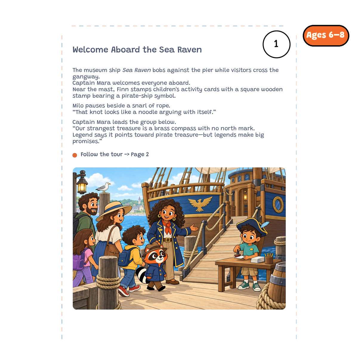 Welcome Aboard the Sea Raven — sample story page from Detective Milo: The Missing Compass aboard the Pirate Ship, ages 6–8 edition