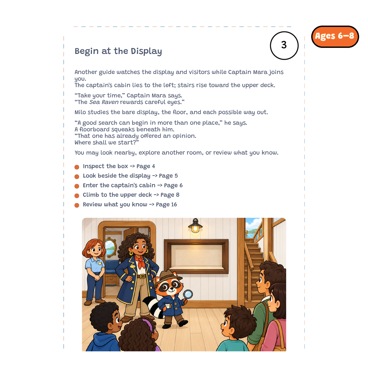 Begin at the Display — sample story page from Detective Milo: The Missing Compass aboard the Pirate Ship, ages 6–8 edition