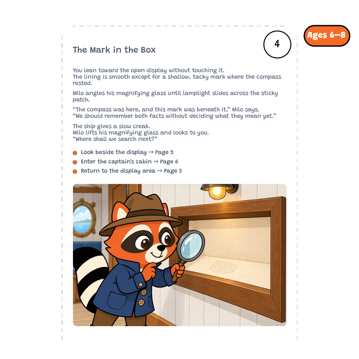 The Mark in the Bar — sample story page from Detective Milo: The Missing Compass aboard the Pirate Ship, ages 6–8 edition