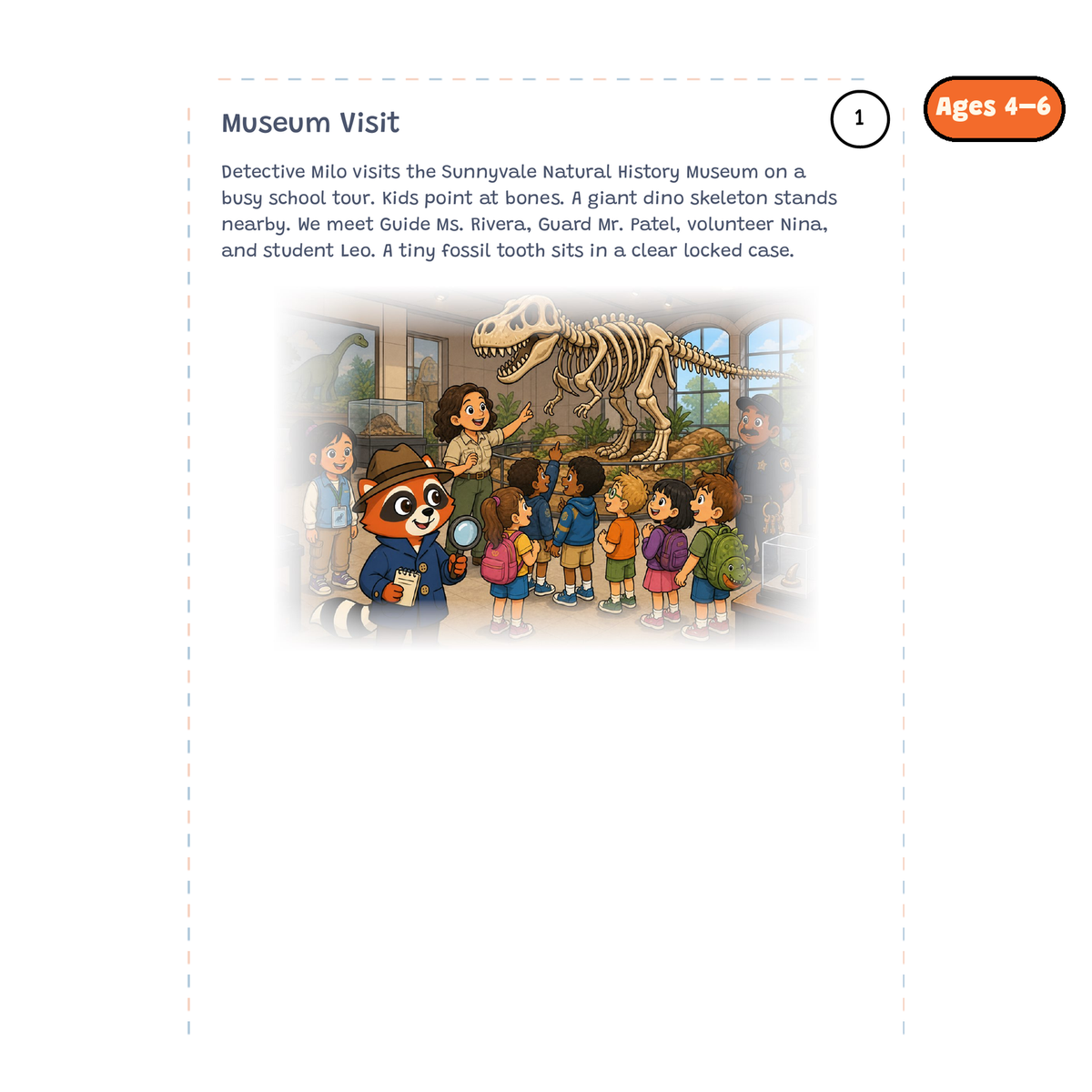 Museum Visit — sample story page from Detective Milo: The Missing Fossil Tooth, ages 4–6 edition
