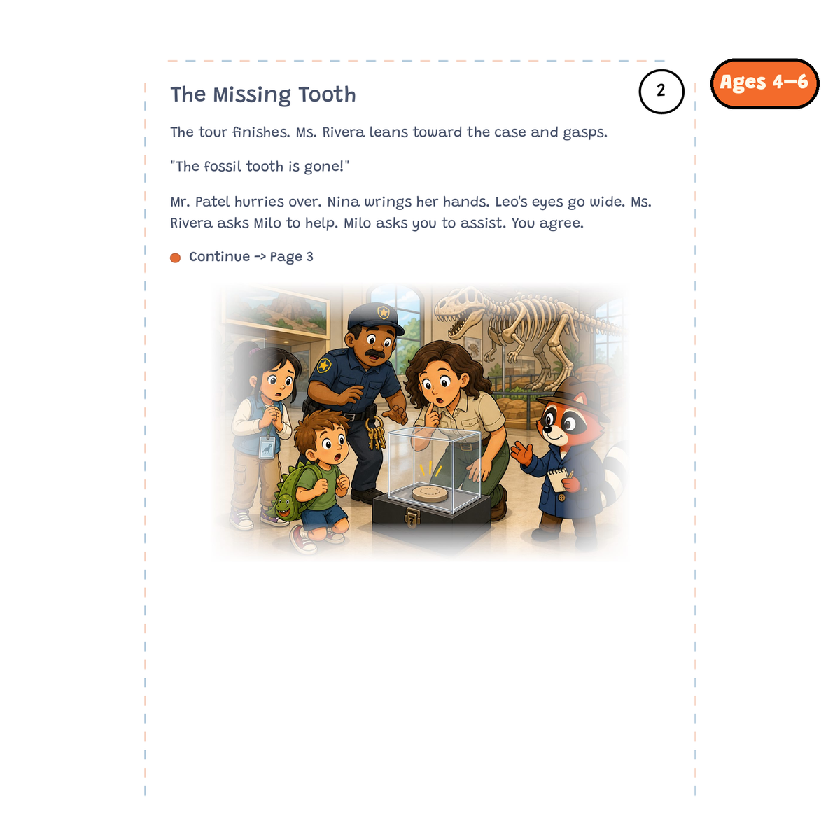 The Missing Tooth — sample story page from Detective Milo: The Missing Fossil Tooth, ages 4–6 edition