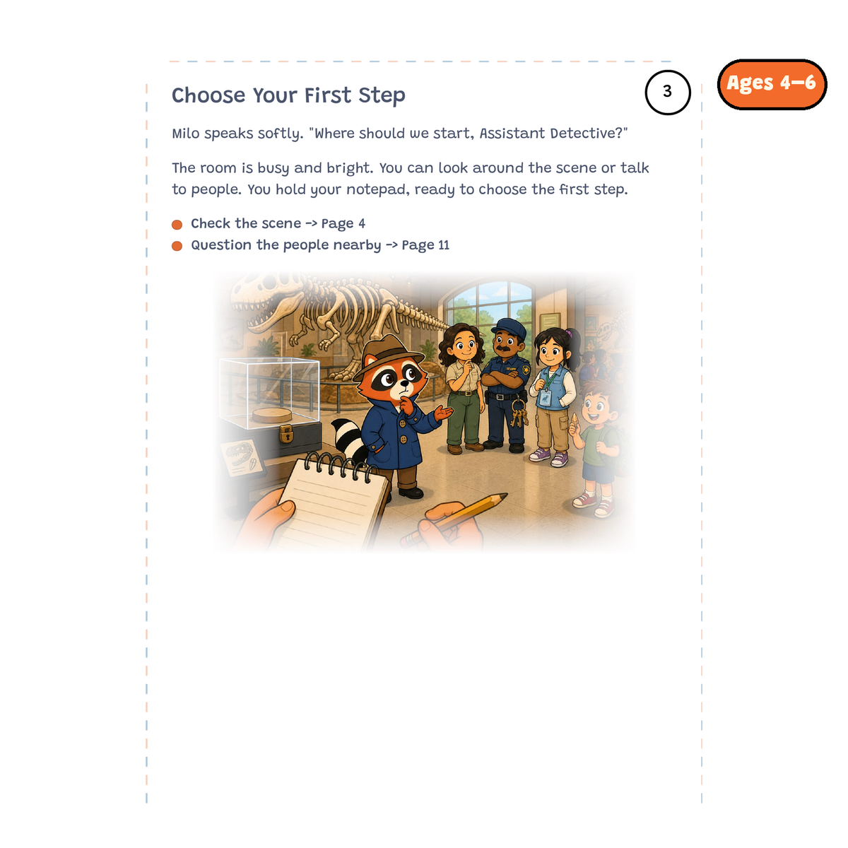 Choose Your First Step — sample story page from Detective Milo: The Missing Fossil Tooth, ages 4–6 edition