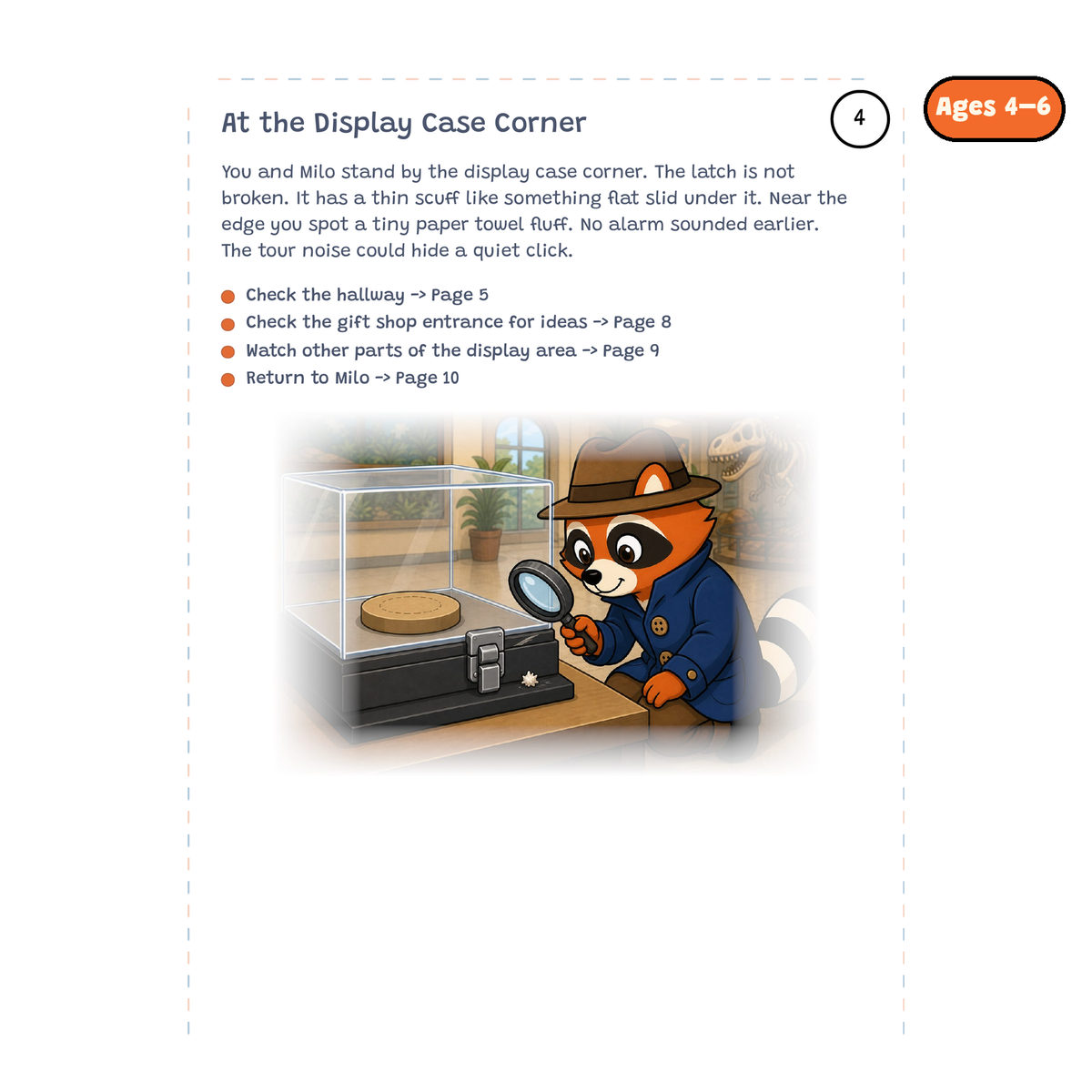 At the Display Case Corner — sample story page from Detective Milo: The Missing Fossil Tooth, ages 4–6 edition