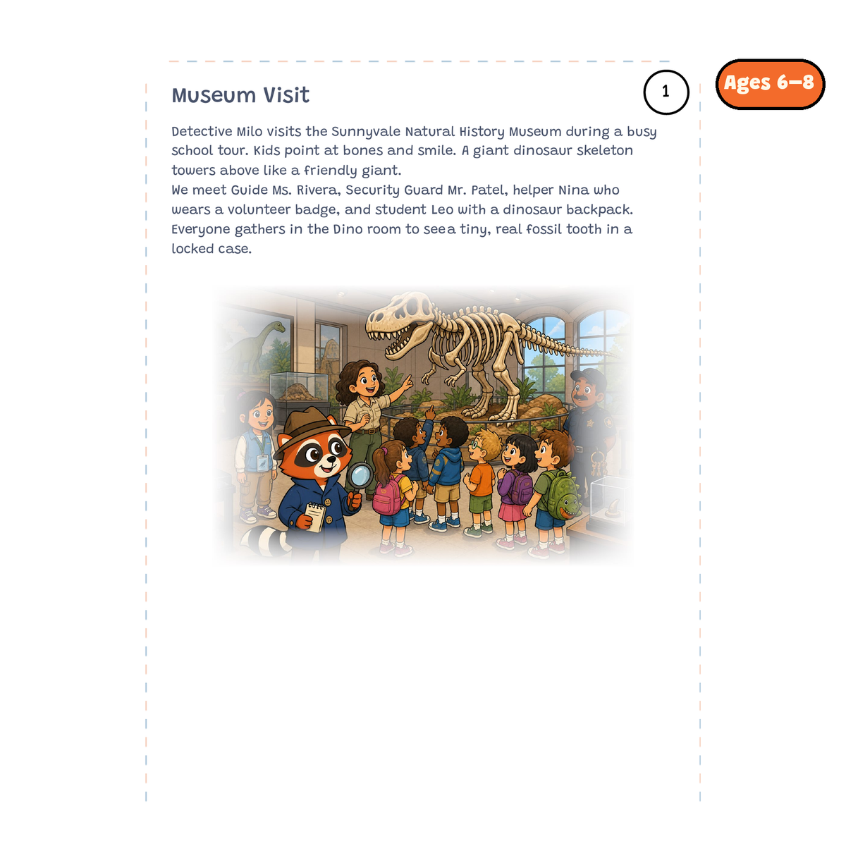 Museum Visit — sample story page from Detective Milo: The Missing Fossil Tooth, ages 6–8 edition