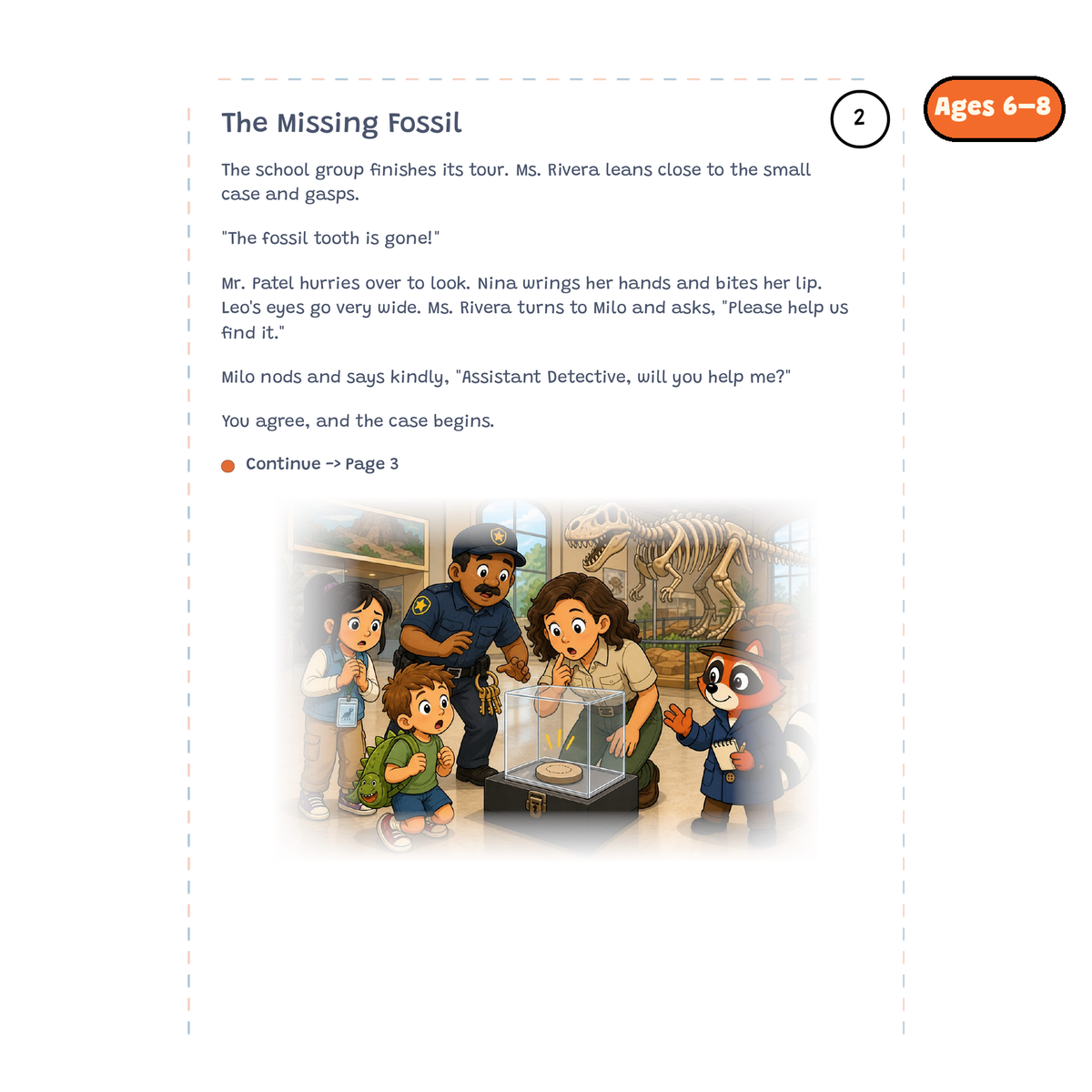 The Missing Tooth — sample story page from Detective Milo: The Missing Fossil Tooth, ages 6–8 edition