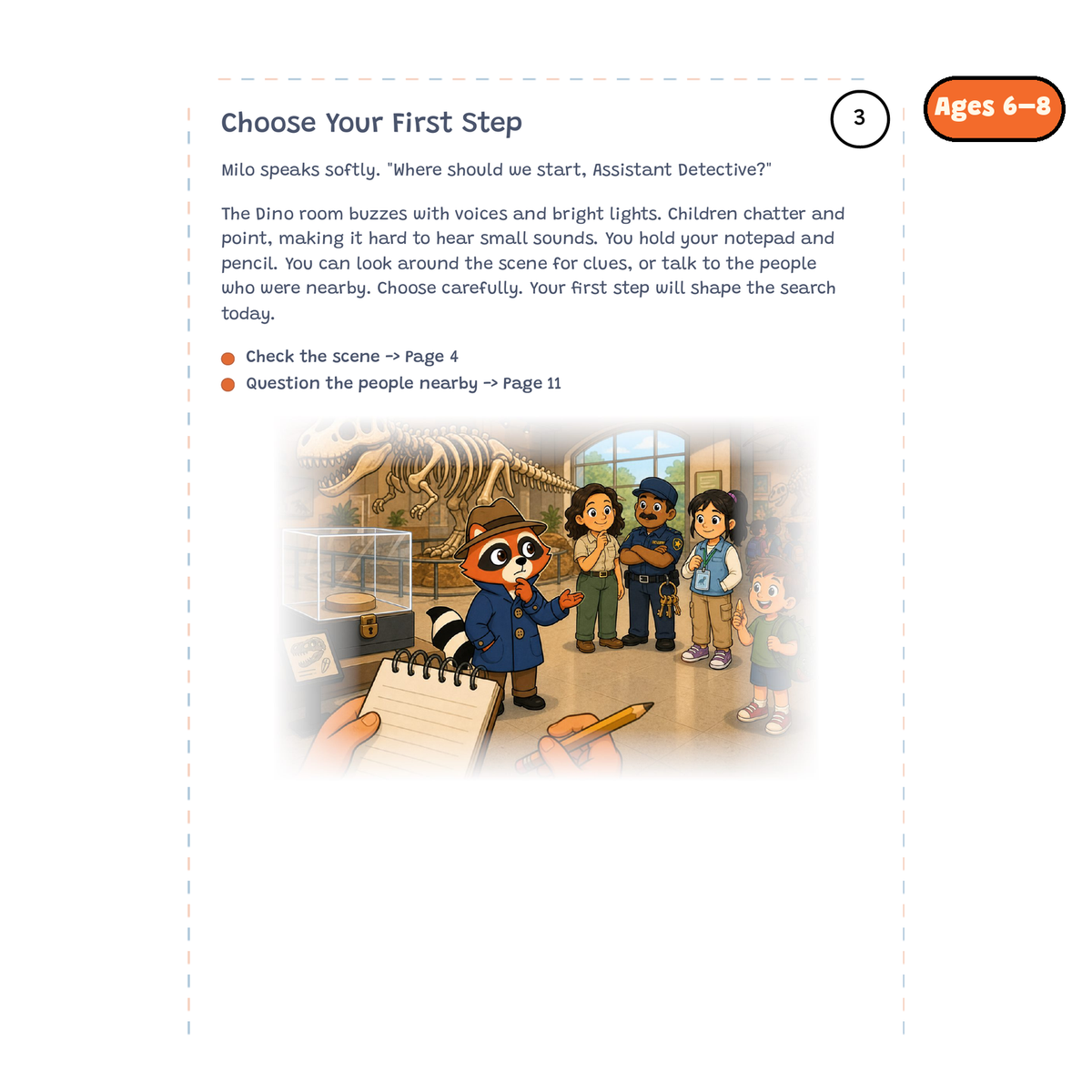 Choose Your First Step — sample story page from Detective Milo: The Missing Fossil Tooth, ages 6–8 edition