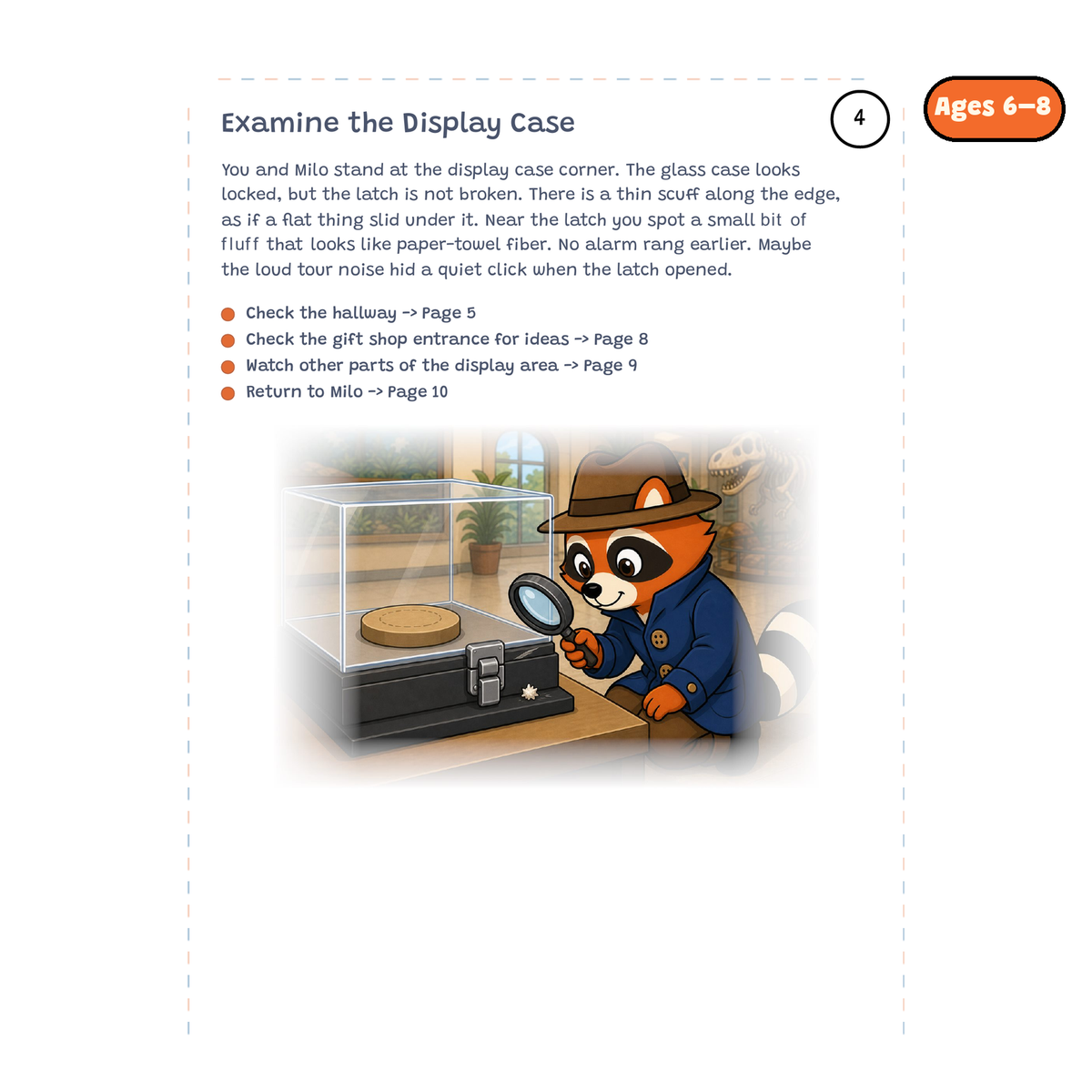 Examine the Display Case — sample story page from Detective Milo: The Missing Fossil Tooth, ages 6–8 edition