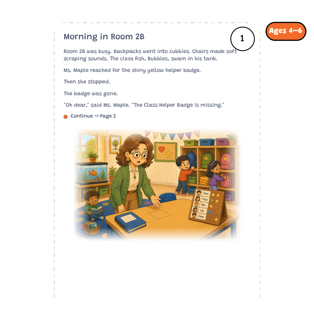 Morning in Room 2B — sample story page from Detective Milo: The Missing Class Helper Badge, ages 4–6 edition