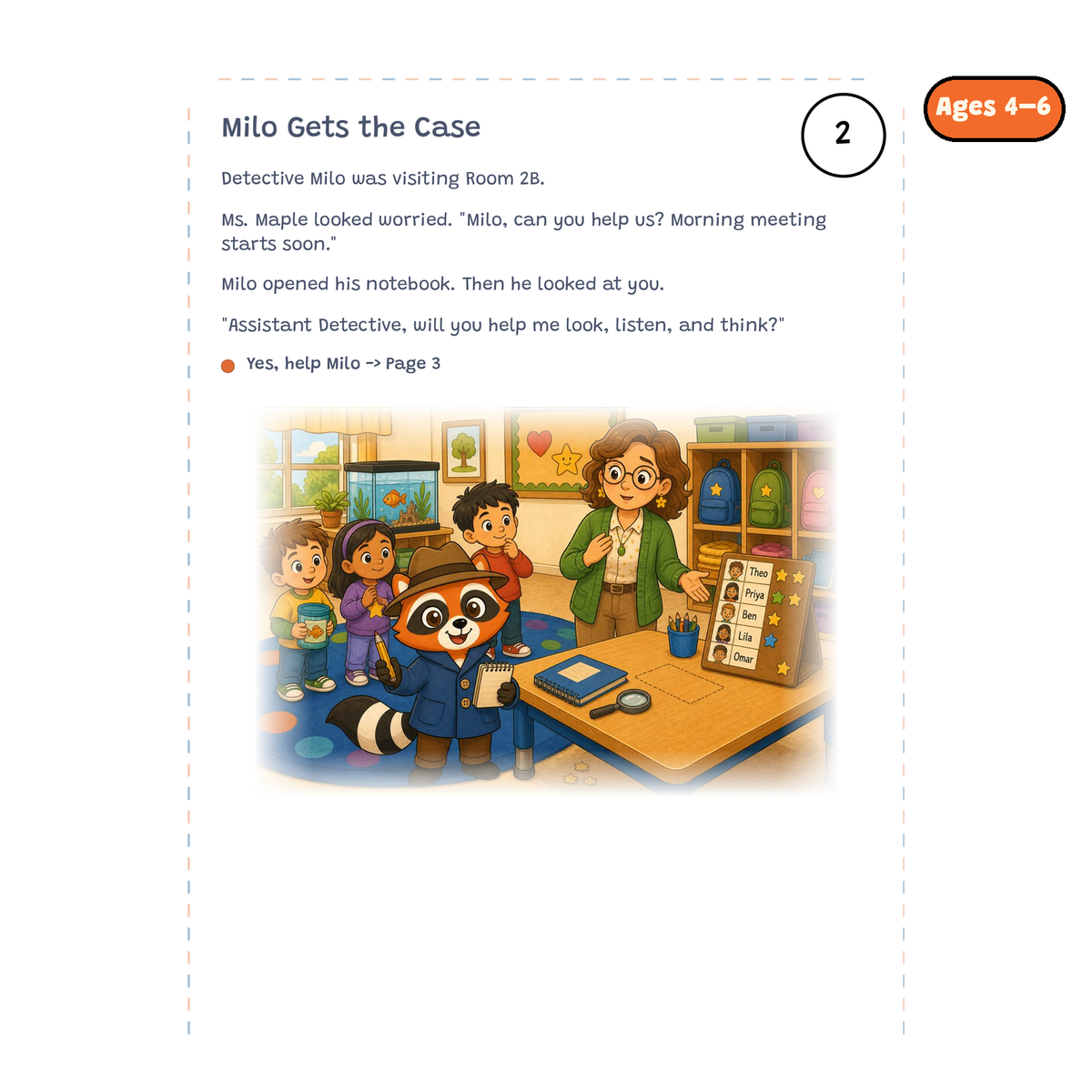 Milo Gets the Case — sample story page from Detective Milo: The Missing Class Helper Badge, ages 4–6 edition