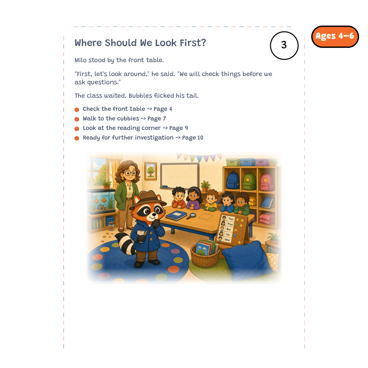 Where Should We Look First? — sample story page from Detective Milo: The Missing Class Helper Badge, ages 4–6 edition