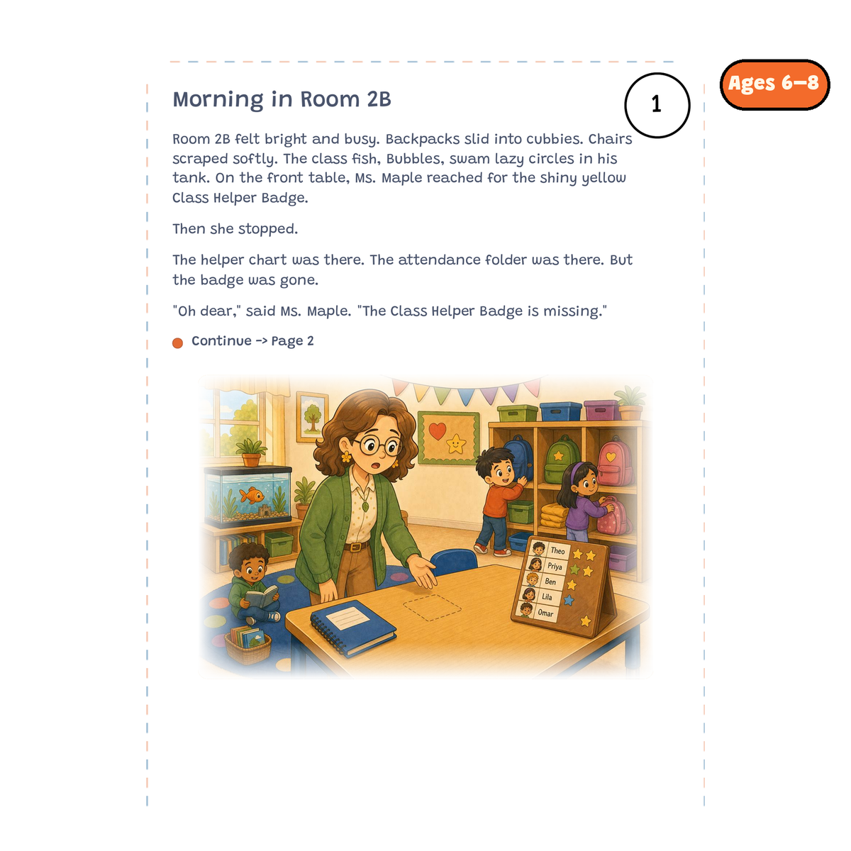 Morning in Room 2B — sample story page from Detective Milo: The Missing Class Helper Badge, ages 6–8 edition