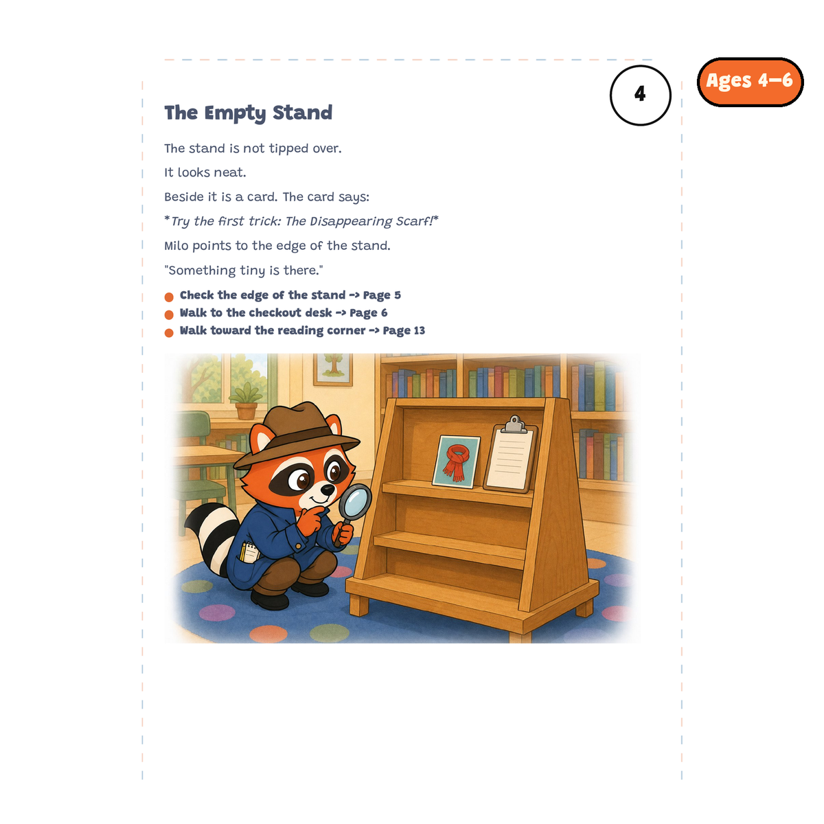 The Empty Stand — sample story page from Detective Milo: The Missing Magic Book, ages 4–6 edition