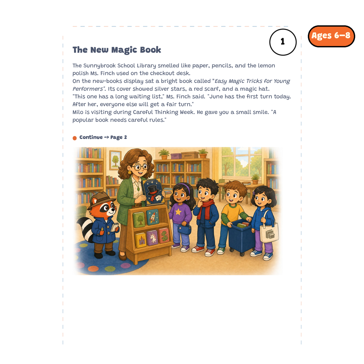 The New Magic Book — sample story page from Detective Milo: The Missing Magic Book, ages 6–8 edition