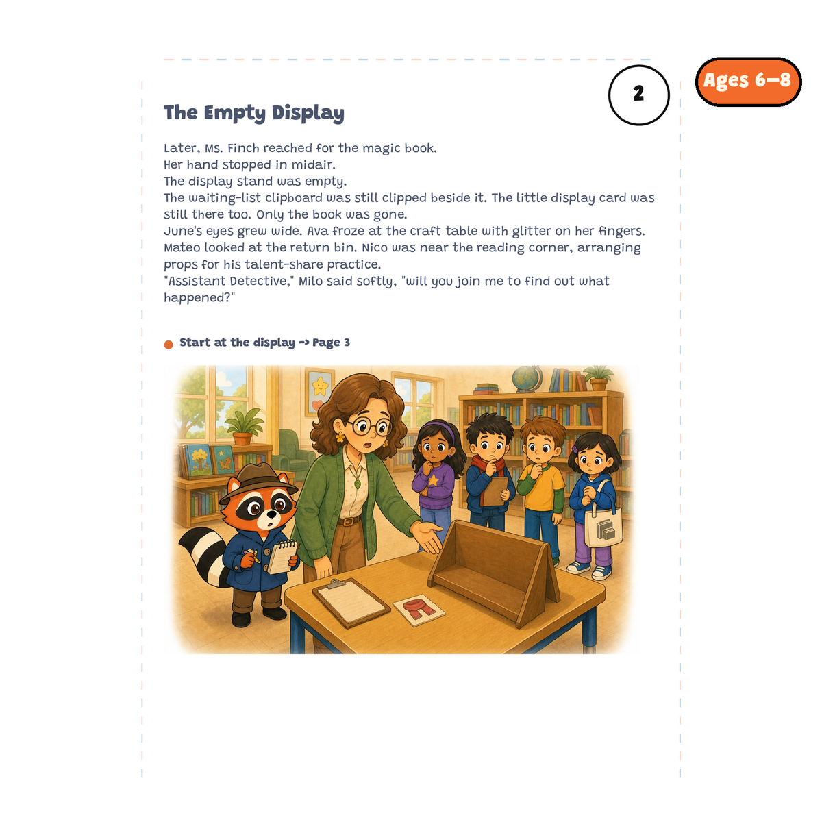 The Empty Display — sample story page from Detective Milo: The Missing Magic Book, ages 6–8 edition