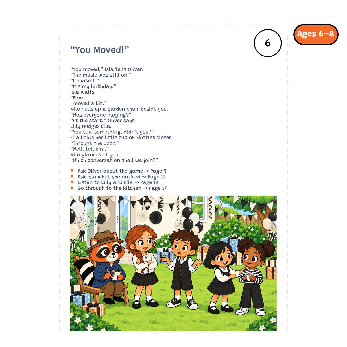 You Moved! — sample story page from Detective Milo: The Missing Oreos in the Party, ages 6–8 edition