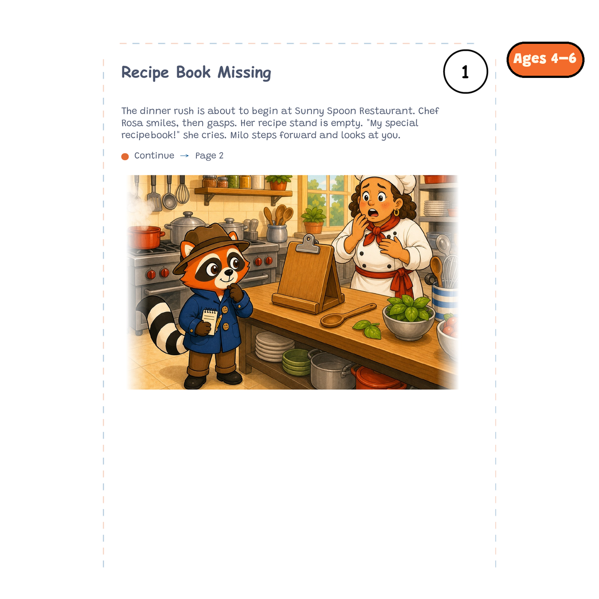Recipe Book Missing — sample story page from Detective Milo: The Missing Recipe Book, ages 4–6 edition