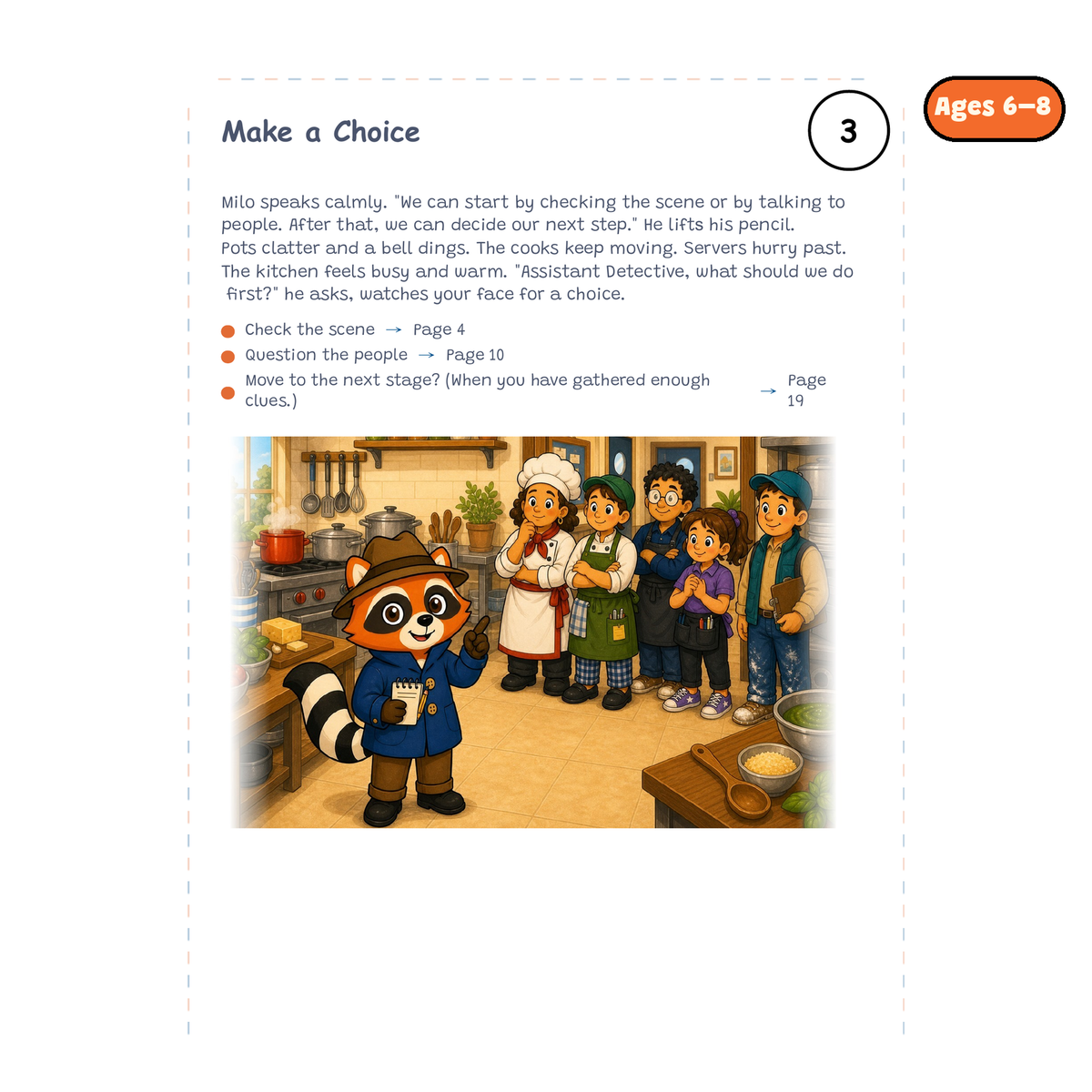Make a Choice — sample story page from Detective Milo: The Missing Recipe Book, ages 6–8 edition