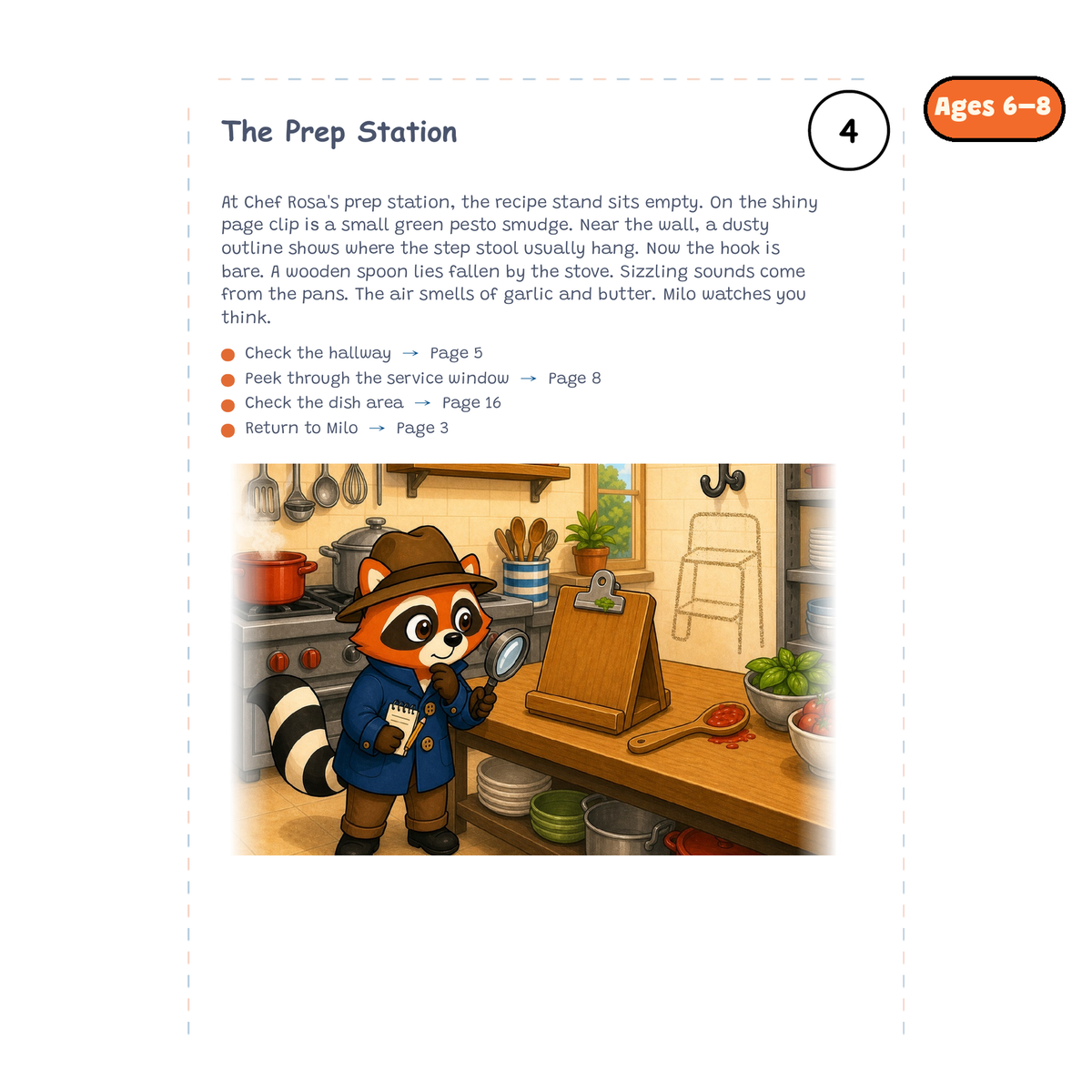 The Prep Station — sample story page from Detective Milo: The Missing Recipe Book, ages 6–8 edition