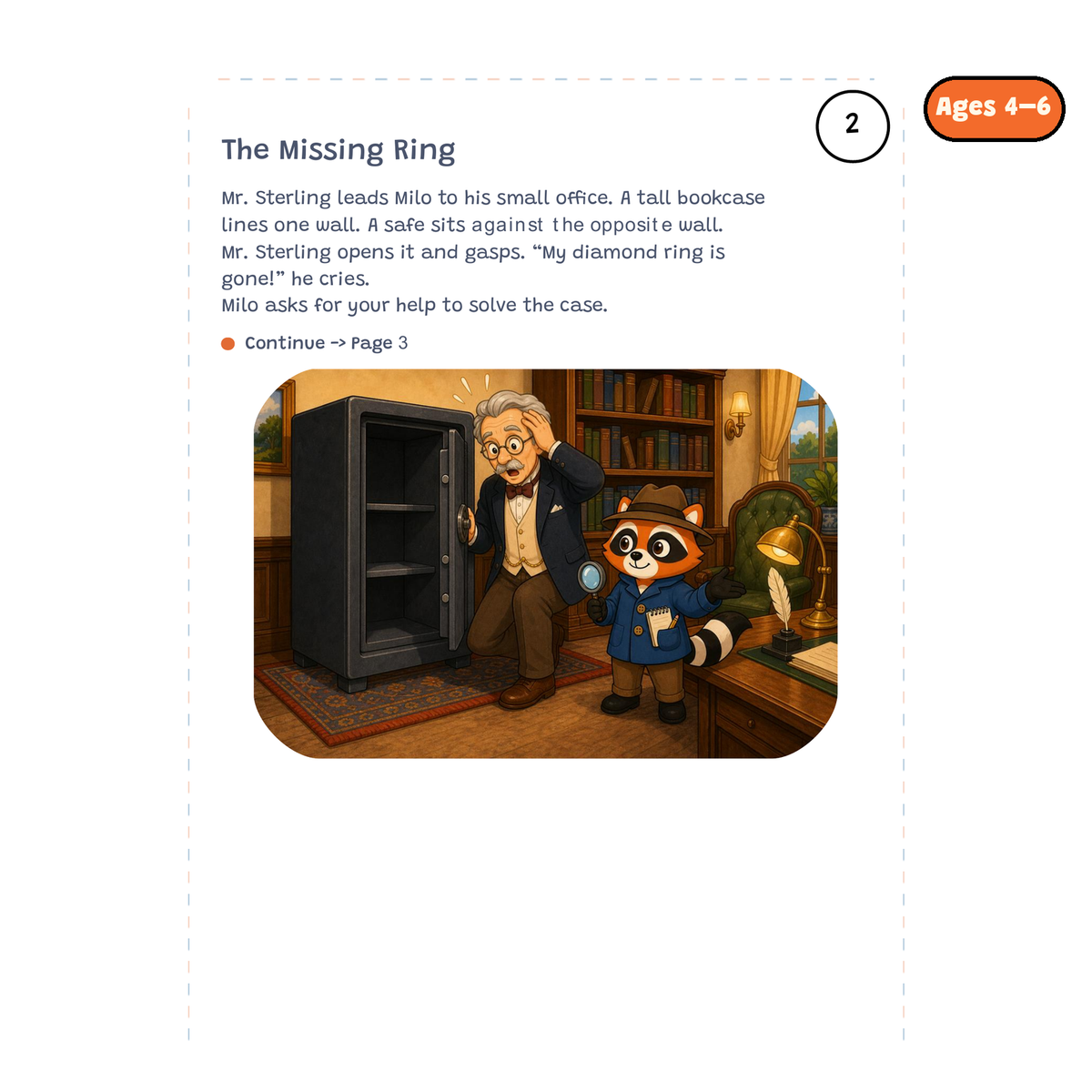 The Missing Ring — sample story page from Detective Milo: The Missing Ring in the Mansion Safe, ages 4–6 edition