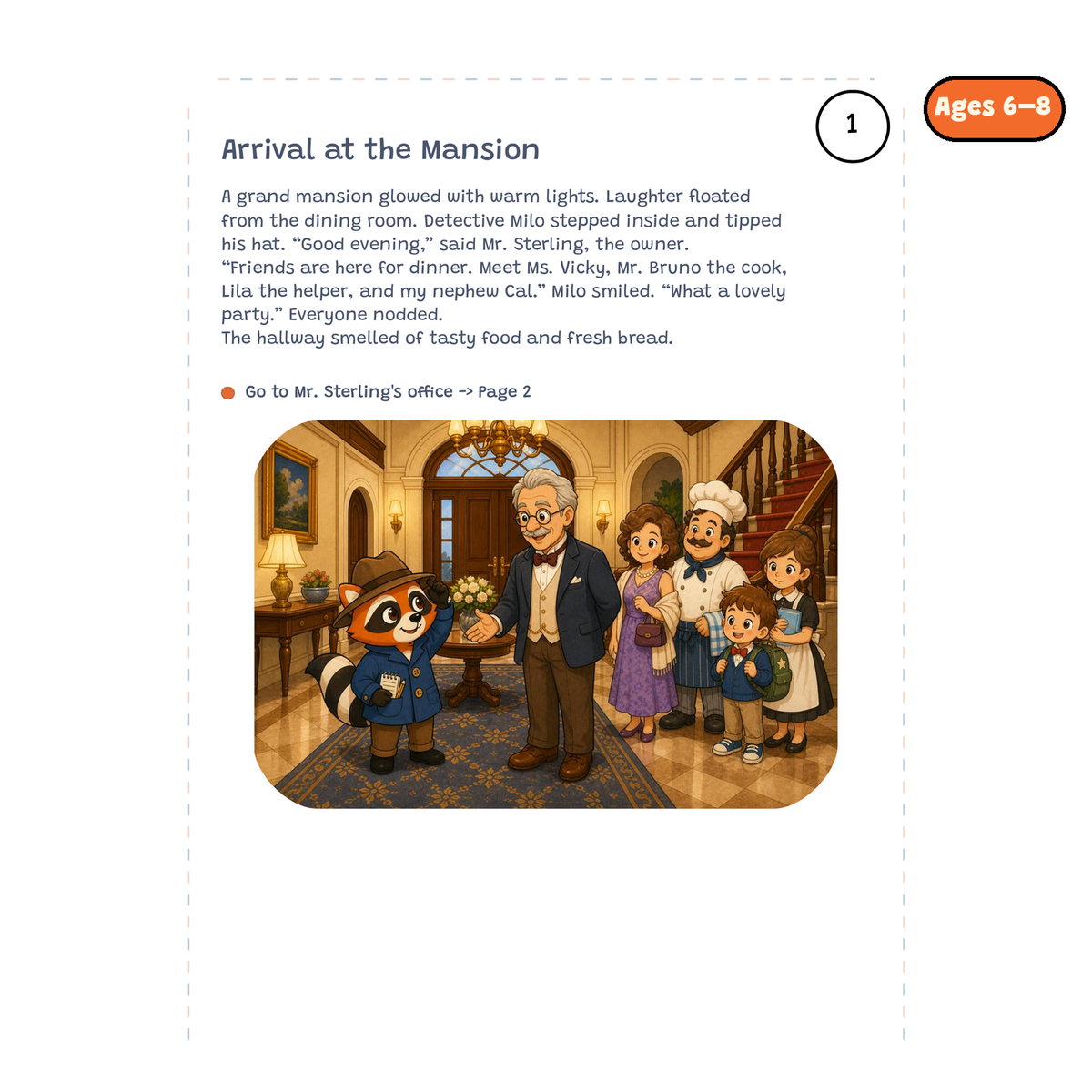 Arrival at the Mansion — sample story page from Detective Milo: The Missing Ring in the Mansion Safe, ages 6–8 edition