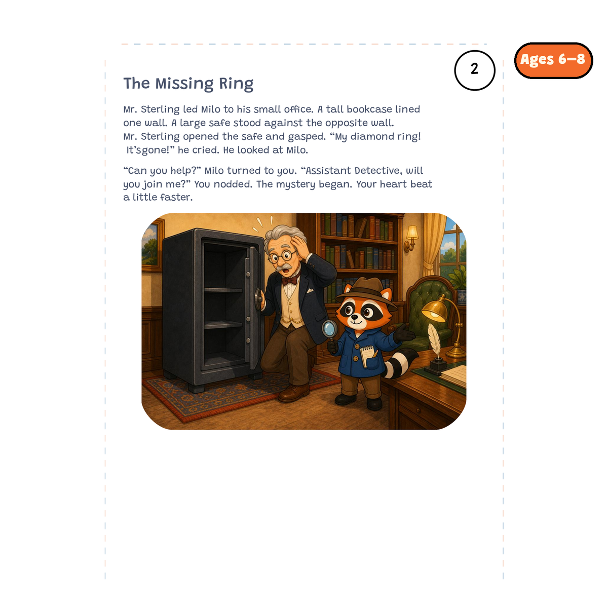The Missing Ring — sample story page from Detective Milo: The Missing Ring in the Mansion Safe, ages 6–8 edition