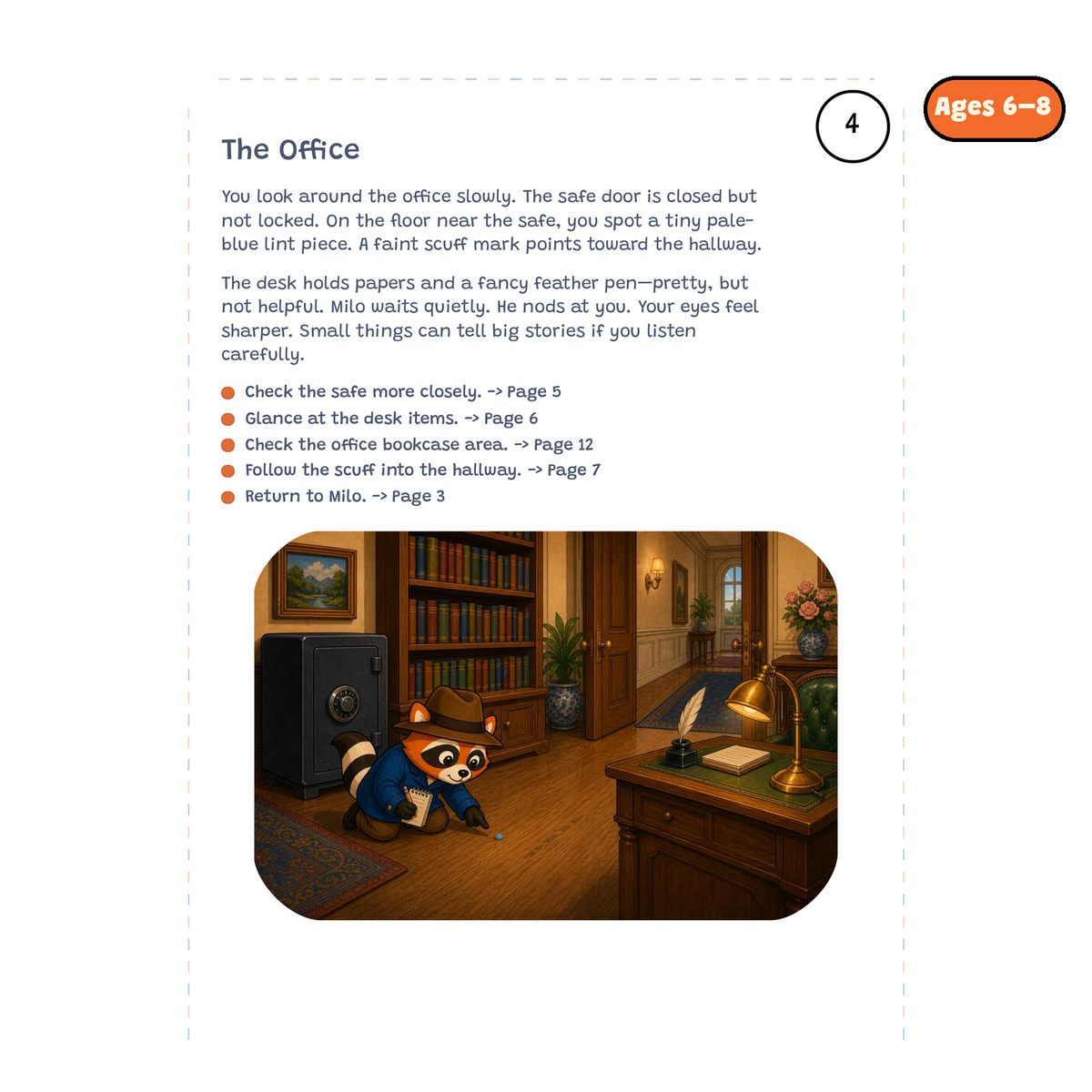 The Office — sample story page from Detective Milo: The Missing Ring in the Mansion Safe, ages 6–8 edition