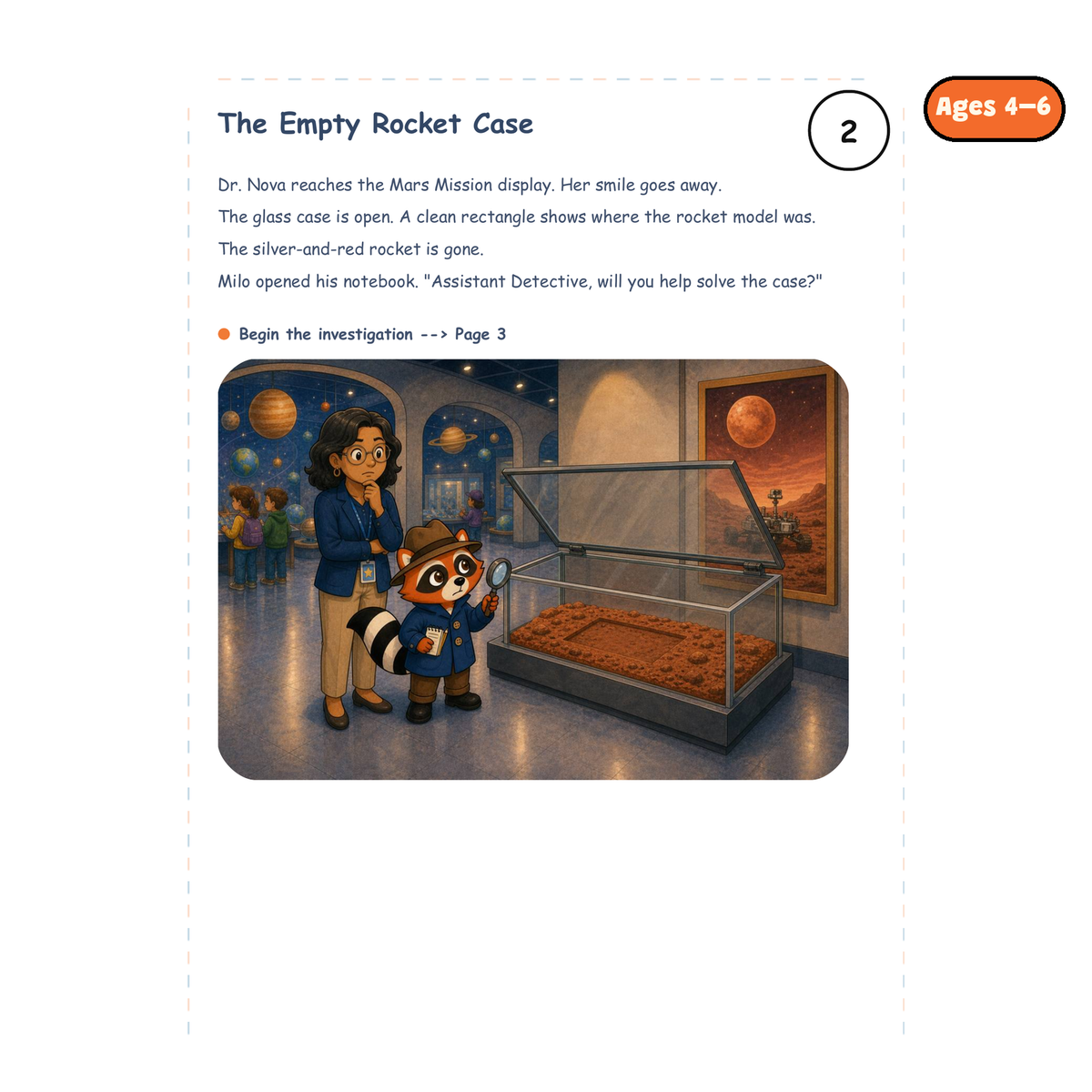 The Empty Rocket Case — sample story page from Detective Milo: The Missing Rocket Model in Space Museum, ages 4–6 edition