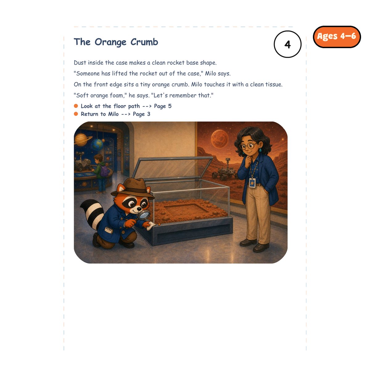 The Orange Crumb — sample story page from Detective Milo: The Missing Rocket Model in Space Museum, ages 4–6 edition