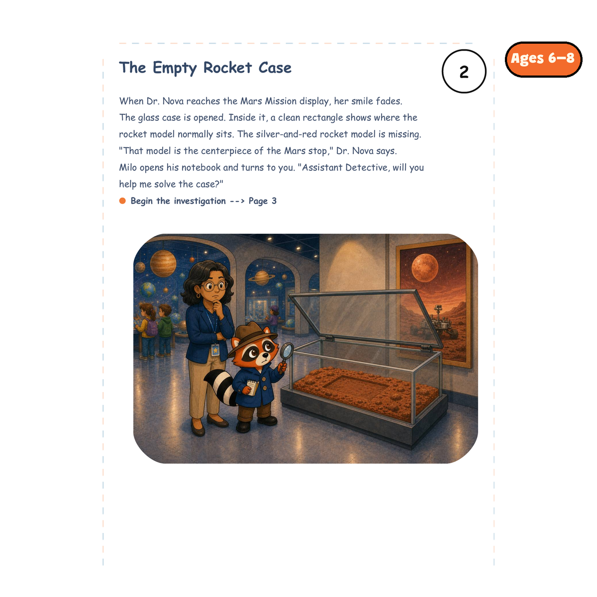 The Empty Rocket Case — sample story page from Detective Milo: The Missing Rocket Model in Space Museum, ages 6–8 edition