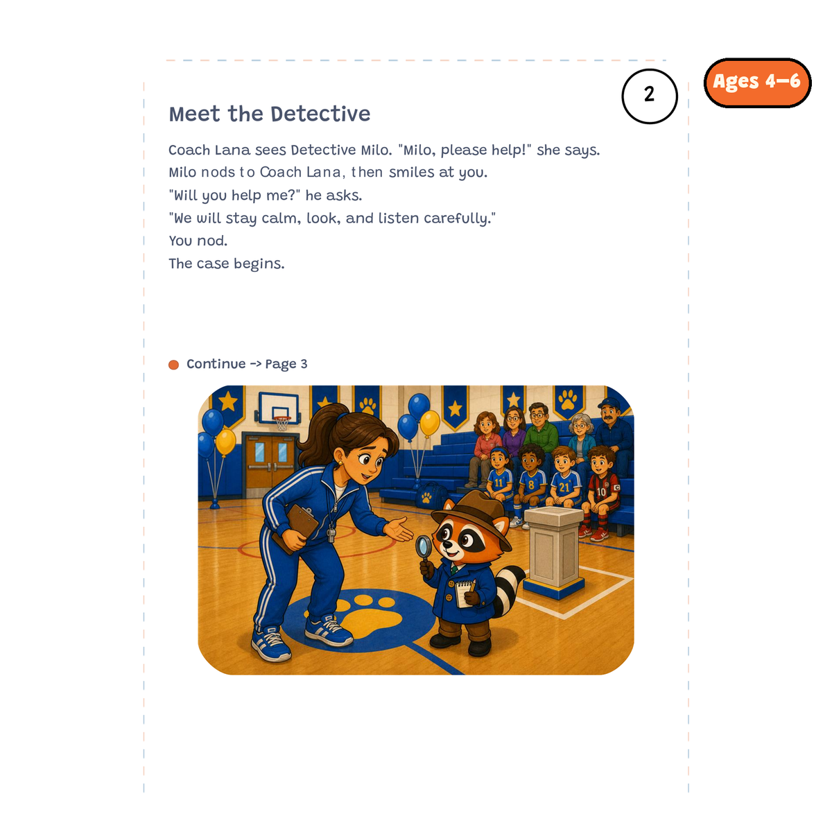 Meet the Detective — sample story page from Detective Milo: The Missing Trophy, ages 4–6 edition