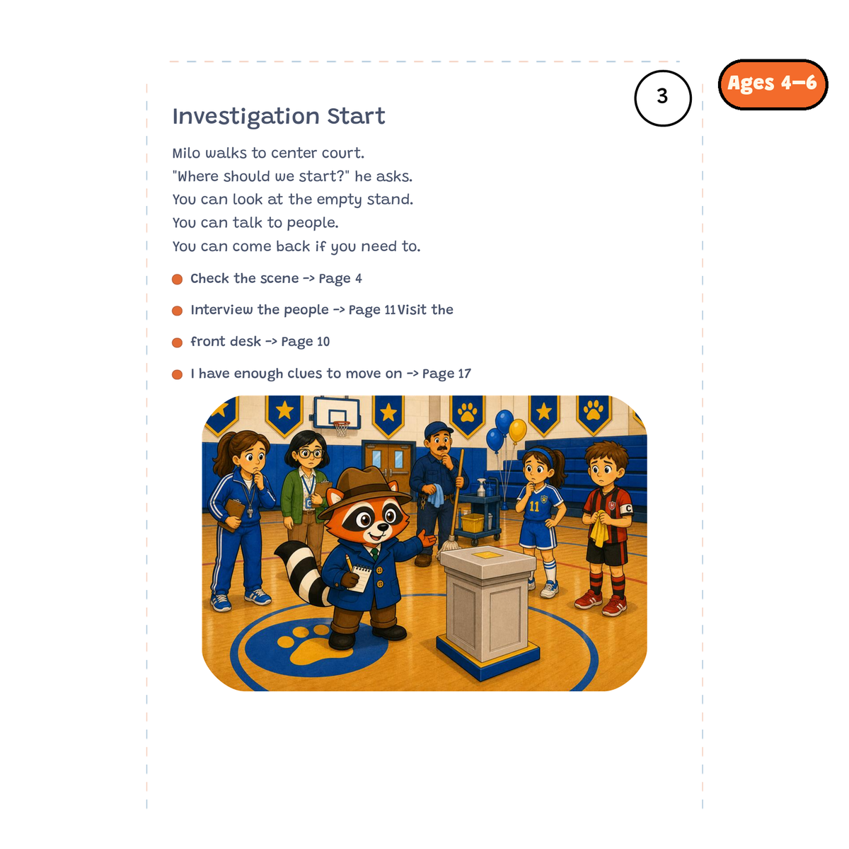 Investigation Start — sample story page from Detective Milo: The Missing Trophy, ages 4–6 edition
