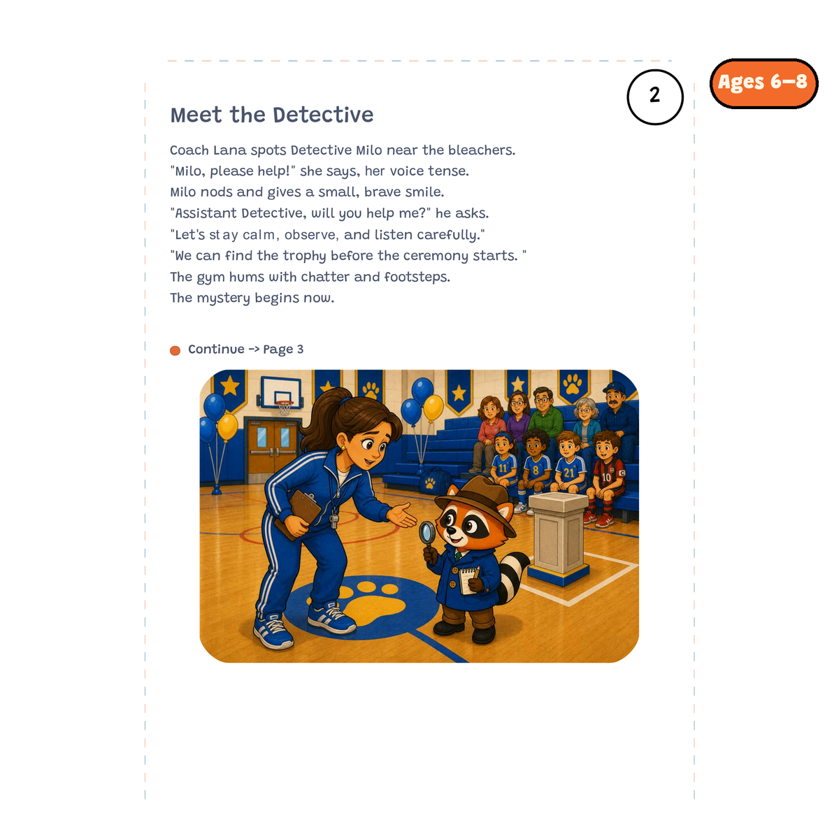 Meet the Detective — sample story page from Detective Milo: The Missing Trophy, ages 6–8 edition