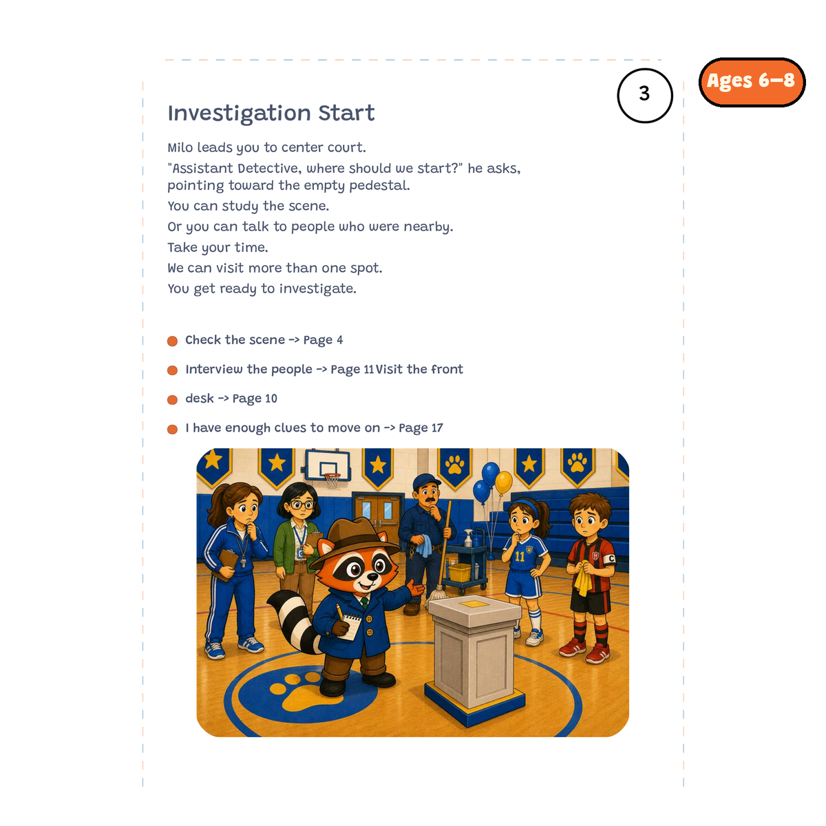 Investigation Start — sample story page from Detective Milo: The Missing Trophy, ages 6–8 edition