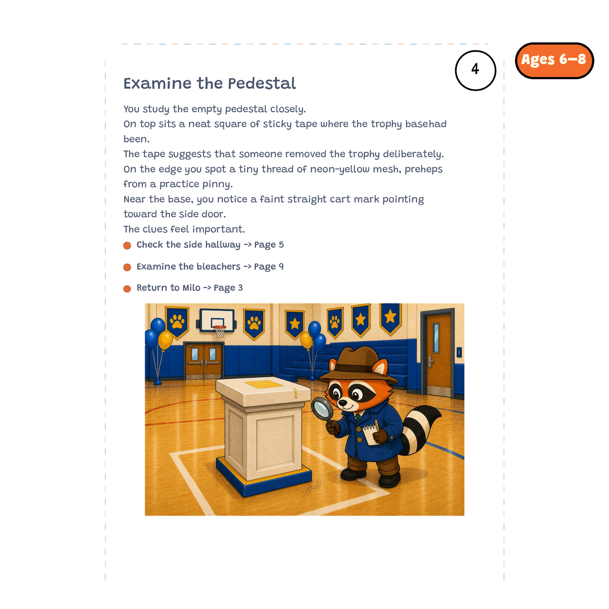 Examine the Pedestal — sample story page from Detective Milo: The Missing Trophy, ages 6–8 edition